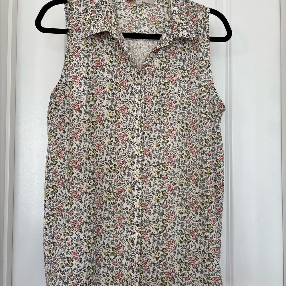 LOFT Floral Collared Button Sleeveless Blouse White Pink Petites LP